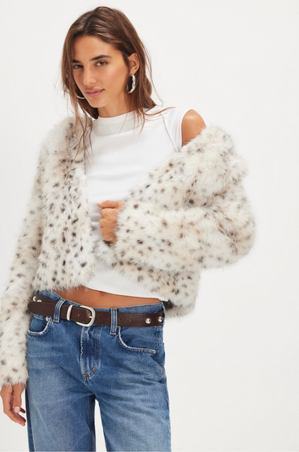 Free People Louder Please Hooded Faux Fur Jacket Snow Leopard 