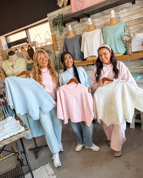 Knit Mock Neck Spring Sweater in Pastel Blue