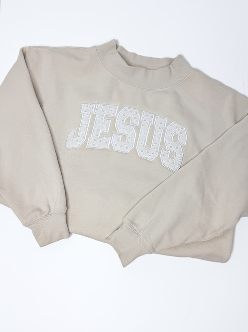 Jesus Eyelet Beige Mock Neck Sweatshirt