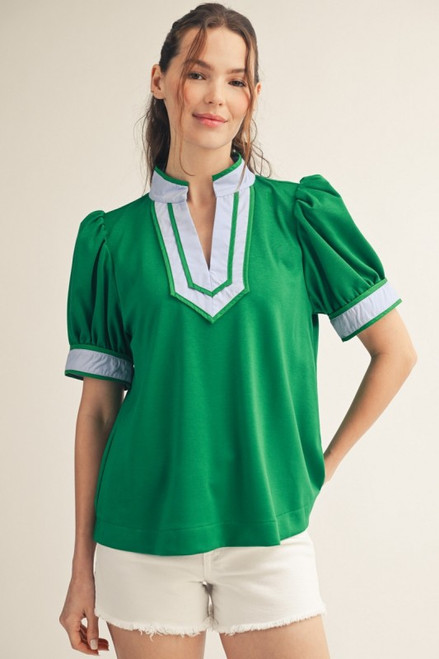 Puff Sleeve Spring Blouse in Kelly Green Sky Blue Combo