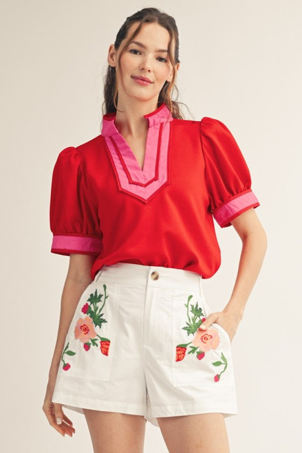 Puff Sleeve Spring Blouse in Red Pink Color 