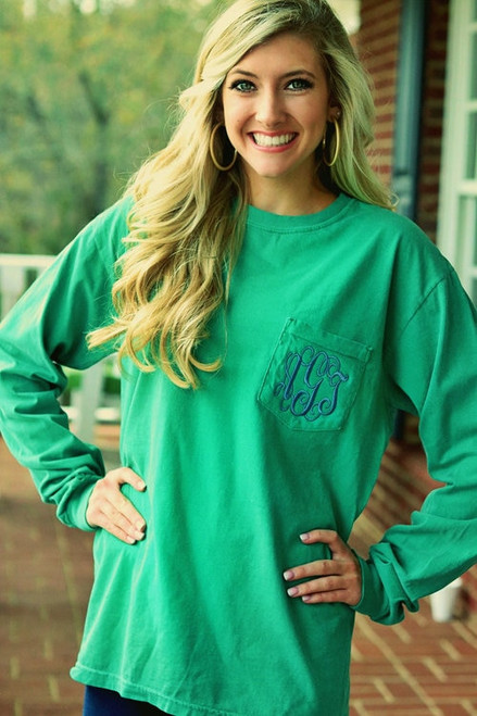 Monogrammed Comfort Colors Pocket Tee Long Sleeve Grass