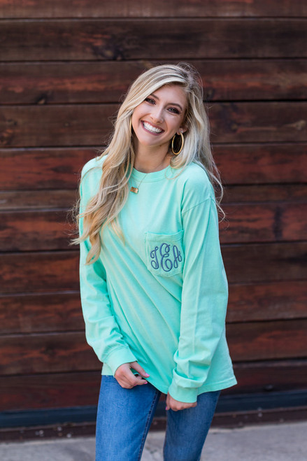 Monogrammed Comfort Colors Pocket Tee | Long Sleeve | Island Reef