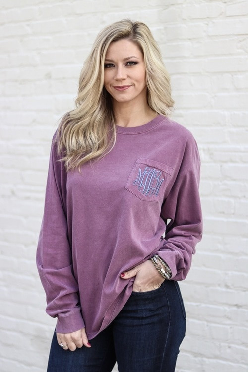 Monogrammed Long Sleeve Pocket Tee - Light Green