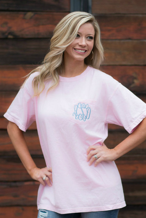 *Mystery* Embroidered Comfort Color Monogram Pocket Tee Small