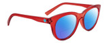 Profile View of SPY Optics Boundless Designer Polarized Reading Sunglasses with Custom Cut Powered Blue Mirror Lenses in Cherry Red Crystal Unisex Cat Eye Full Rim Acetate 53 mm