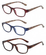 Front View of Isaac Mizrahi 3 PACK Gift Box Women's Reading Glasses in Tortoise,Blue,Red +2.50