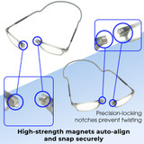 Functionality Illustration View of Calabria SP03 Snap Magnetic Reading Glasses Crystal Grey Front Connect Adjustable Temples Around Neck Hanging Readers