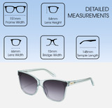 Dimensions and Measurements Illustration of QUAY After Party Women's Square Polarized BI-FOCAL Sunglasses in Clear Aqua Blue 66mm