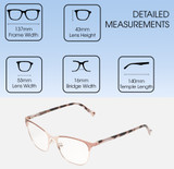 Dimensions and Measurements Illustration of Lucky Brand D114 Designer Progressive Lens Blue Light Blocking Eyeglasses in Rose Gold Marble Ladies Cat Eye Full Rim Metal 53 mm