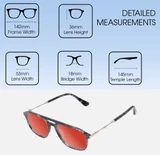 Dimensions and Measurements Illustration of Police VPLD13 Designer Polarized Sunglasses with Custom Cut Red Mirror Lenses in Shiny Blue Marble Mens Pilot Full Rim Acetate 53 mm