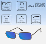 Dimensions and Measurements Illustration of Prive Revaux Matrix Designer Polarized Reading Sunglasses with Custom Cut Powered Blue Mirror Lenses in Caviar Black Unisex Rectangular Full Rim Metal 55 mm