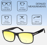 Dimensions and Measurements Illustration of Prive Revaux Speculator Designer Polarized Reading Sunglasses with Custom Cut Powered Sun Flower Yellow Lenses in Caviar Black Unisex Square Full Rim Acetate 57 mm