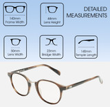 Dimensions and Measurements Illustration of OTIS A Day Late Designer Reading Eye Glasses with Custom Cut Powered Lenses in Eco Hornwood Unisex Round Full Rim Acetate 50 mm