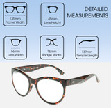 Dimensions and Measurements Illustration of OTIS Aerial Designer Reading Eye Glasses in Ochre Havana Tortoise Ladies Cat Eye Full Rim Acetate 56 mm