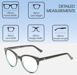 Dimensions and Measurements Illustration of OTIS Jazmine Designer Progressive Lens Blue Light Blocking Eyeglasses in Eco Teal Bark Smokey Unisex Round Full Rim Acetate 53 mm