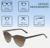 Dimensions and Measurements Illustration of OTIS Jazmine Designer Polarized Reading Sunglasses with Custom Cut Powered Amber Brown Lenses in Eco Teal Bark Smokey Unisex Round Full Rim Acetate 53 mm