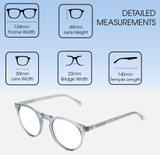 Dimensions and Measurements Illustration of OTIS Omar Designer Reading Eye Glasses with Custom Cut Powered Lenses in Eco Crystal Wave Neutral Unisex Round Full Rim Acetate 50 mm