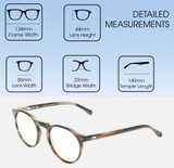 Dimensions and Measurements Illustration of OTIS Omar Designer Progressive Lens Blue Light Blocking Eyeglasses in Eco Hornwood Unisex Round Full Rim Acetate 50 mm