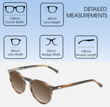 Dimensions and Measurements Illustration of OTIS Omar Designer Polarized Reading Sunglasses with Custom Cut Powered Amber Brown Lenses in Eco Hornwood Unisex Round Full Rim Acetate 50 mm