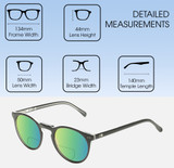 Dimensions and Measurements Illustration of OTIS Omar Designer Polarized Reading Sunglasses with Custom Cut Powered Green Mirror Lenses in Satin Black Clear Unisex Round Full Rim Acetate 50 mm