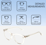 Dimensions and Measurements Illustration of OTIS Summer of 67 X Designer Reading Eye Glasses with Custom Cut Powered Lenses in Eco Clear Unisex Square Full Rim Acetate 52 mm
