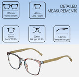 Dimensions and Measurements Illustration of Elton John Single 1 Designer Progressive Lens Blue Light Blocking Eyeglasses in Multi Color Crystal Brown Blue Unisex Square Full Rim Acetate 45 mm