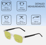 Dimensions and Measurements Illustration of Perry Ellis PEBX55 Designer Polarized Reading Sunglasses with Custom Cut Powered Sun Flower Yellow Lenses in Gloss Crystal Clear Marble Unisex Square Full Rim Acetate 52 mm