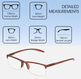 Dimensions and Measurements Illustration of Perry Ellis PEBX58 Unisex Rectangular Semi-Rimless Designer Reading Glasses in Gloss Dark Brown Marble 50mm