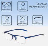 Dimensions and Measurements Illustration of Perry Ellis PEBX58 Unisex Rectangular Semi-Rimless Designer Reading Glasses in Gloss Navy Blue Marble 50mm
