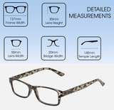 Dimensions and Measurements Illustration of Perry Ellis PEBX59 Designer Reading Eye Glasses with Custom Cut Powered Lenses in Gloss Grey Tortoise Havana Marble Unisex Rectangular Full Rim Acetate 50 mm