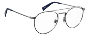 Profile View of Levi's Seasonal LV1006 Designer Blue Light Blocking Eyeglasses in Dark Ruthenium Silver Navy Blue Unisex Pilot Full Rim Stainless Steel 52 mm
