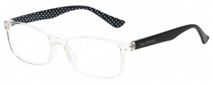 Profile View of Isaac Mizrahi IM31275R Designer Single Vision Prescription Rx Eyeglasses in Clear Crystal Black White Polka Dot Ladies Oval Full Rim Acetate 55 mm