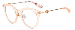 Profile View of Kate Spade KEESEY Designer Blue Light Blocking Eyeglasses in Gloss Blush Pink Crystal Rose Gold Black Stripes Ladies Cat Eye Full Rim Acetate 53 mm