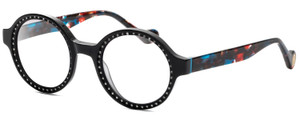 Profile View of Elton John WIZARD Designer Progressive Lens Prescription Rx Eyeglasses in Black Red Blue Psychedelic Rainbow Multicolor Ladies Round Full Rim Acetate 48 mm