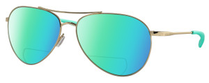 Profile View of Costa Del Mar Piper Designer Polarized Reading Sunglasses with Custom Cut Powered Green Mirror Lenses in Shiny Gold Turquoise Unisex Pilot Full Rim Metal 58 mm
