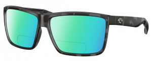 Profile View of Costa Del Mar Rinconcito Designer Polarized Reading Sunglasses with Custom Cut Powered Green Mirror Lenses in Matte Gray Black Tiger Shark Unisex Rectangular Full Rim Acetate 60 mm