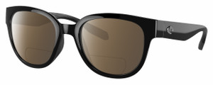 Profile View of Costa Del Mar Salina Designer Polarized Reading Sunglasses with Custom Cut Powered Amber Brown Lenses in Shiny Black Ladies Cat Eye Full Rim Acetate 53 mm