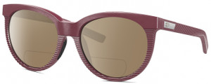 Profile View of Costa Del Mar Victoria Designer Polarized Reading Sunglasses with Custom Cut Powered Amber Brown Lenses in Matte Plum Purple Silver Ladies Cat Eye Full Rim Acetate 55 mm