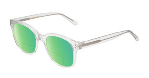 Profile View of BCBG BAR104BL Designer Polarized Reading Sunglasses with Custom Cut Powered Green Mirror Lenses in Clear Crystal Glitter Unisex Panthos Full Rim Acetate 52 mm