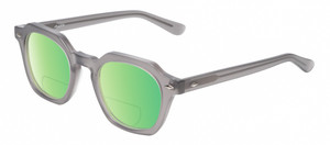 Profile View of Reptile Liaochelys Designer Polarized Reading Sunglasses with Custom Cut Powered Green Mirror Lenses in Smoke Grey Crystal Silver Unisex Panthos Full Rim Acetate 48 mm