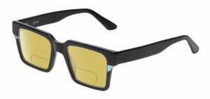 Profile View of Reptile Leatherback Designer Polarized Reading Sunglasses with Custom Cut Powered Sun Flower Yellow Lenses in Gloss Black Crystal Blue Unisex Rectangular Full Rim Acetate 52 mm