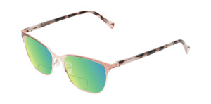 Profile View of Lucky Brand D114 Designer Polarized Reading Sunglasses with Custom Cut Powered Green Mirror Lenses in Rose Gold Marble Ladies Cat Eye Full Rim Metal 53 mm