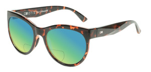 Profile View of OTIS Aerial Designer Polarized Reading Sunglasses with Custom Cut Powered Green Mirror Lenses in Ochre Havana Tortoise Ladies Cat Eye Full Rim Acetate 56 mm
