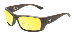 Profile View of OTIS Coastin Slim Designer Polarized Reading Sunglasses with Custom Cut Powered Sun Flower Yellow Lenses in Matte Woodland Unisex Rectangular Full Rim Acetate 61 mm