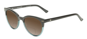 Profile View of OTIS Jazmine Designer Polarized Reading Sunglasses with Custom Cut Powered Amber Brown Lenses in Eco Teal Bark Smokey Unisex Round Full Rim Acetate 53 mm