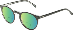 Profile View of OTIS Omar Designer Polarized Reading Sunglasses with Custom Cut Powered Green Mirror Lenses in Satin Black Clear Unisex Round Full Rim Acetate 50 mm
