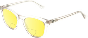 Profile View of OTIS Summer of 67 X Designer Polarized Reading Sunglasses with Custom Cut Powered Sun Flower Yellow Lenses in Eco Clear Unisex Square Full Rim Acetate 52 mm