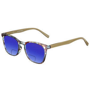 Profile View of Elton John Single 1 Designer Polarized Reading Sunglasses with Custom Cut Powered Blue Mirror Lenses in Multi Color Crystal Brown Blue Unisex Square Full Rim Acetate 45 mm