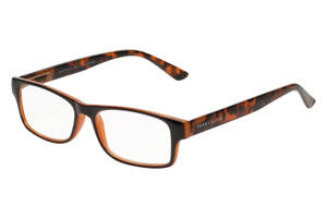 Profile View of Perry Ellis PEBX44 Designer Reading Eye Glasses with Custom Cut Powered Lenses in Gloss Brown Marble Unisex Rectangular Full Rim Acetate 50 mm